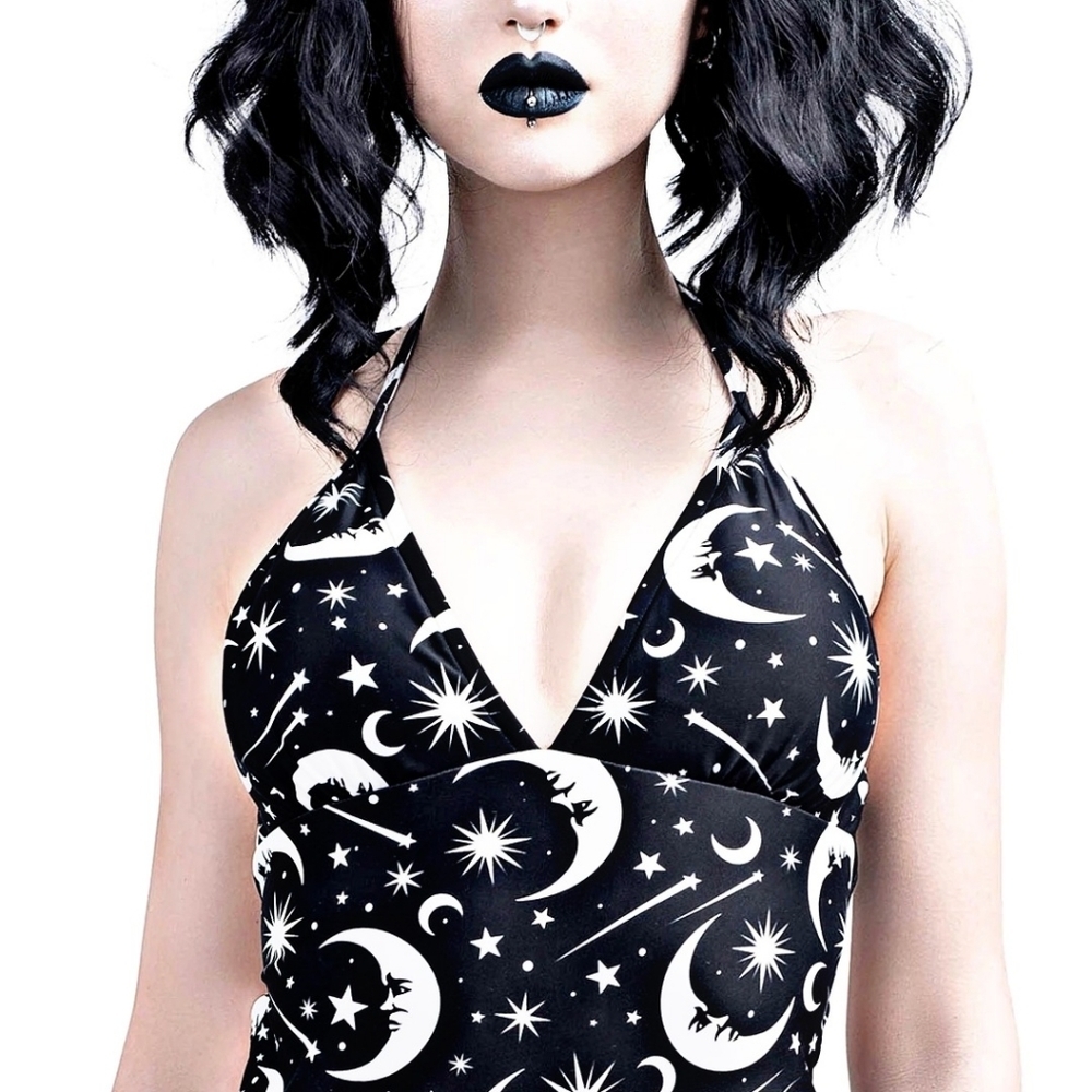 Killstar ✦ Under the Stars ✦ Celestial Halter Lace-Up One-Piece Gothic Swim XS - Picture 8 of 12